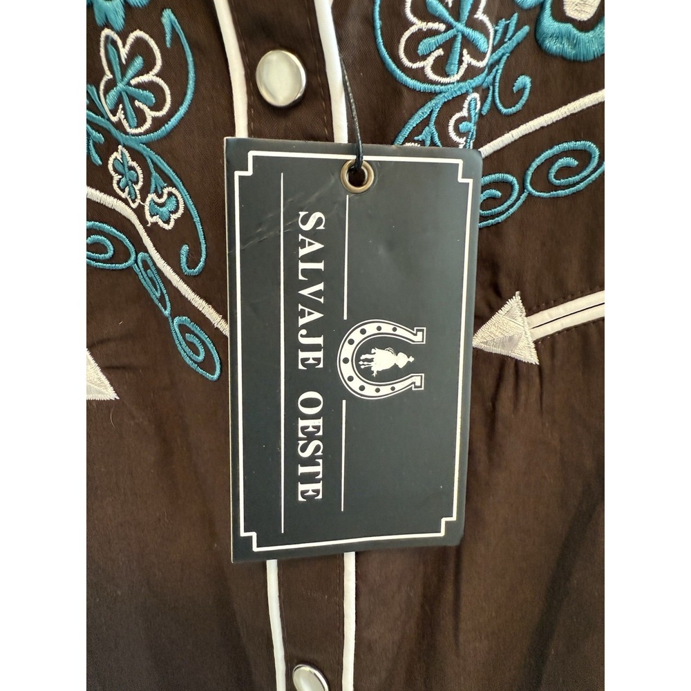Salvage Oeste Cowboy Western Shirt Floral Embroidery Brown Size L - Picture 3 of 8